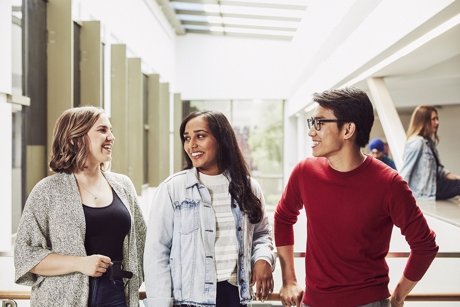 Law students connecting in the Mayo Moran lounge